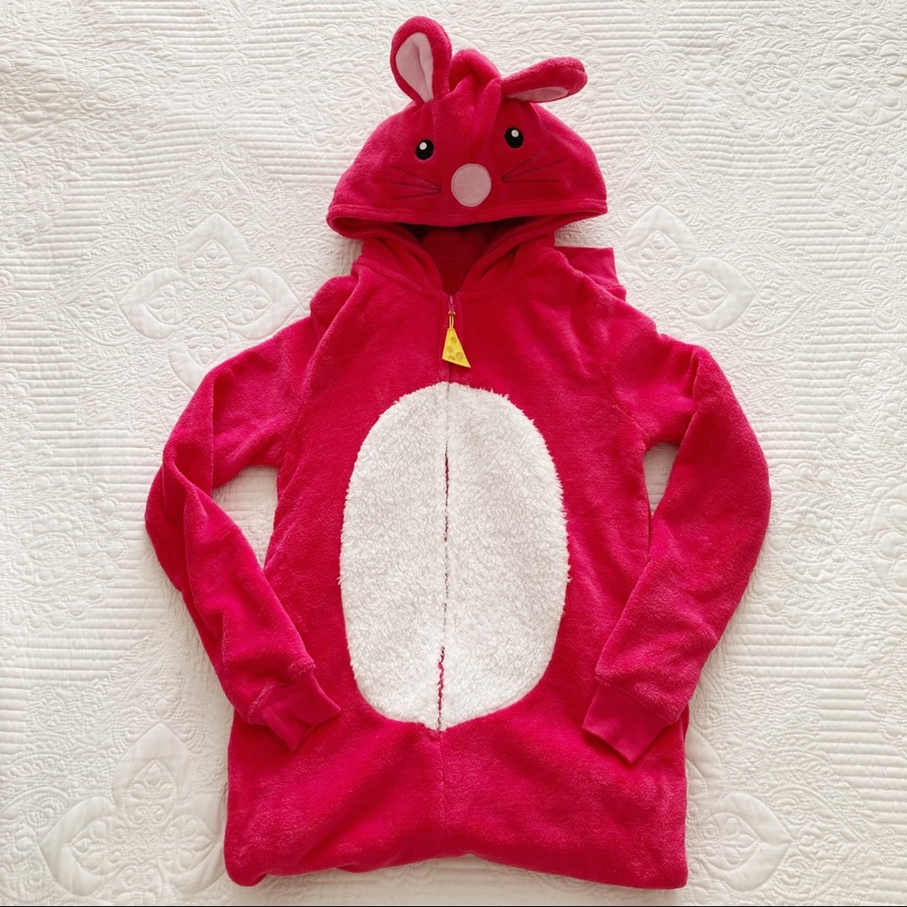 Plush Fleece Pink Bunny Hooded Long One Piece Pajama Longalls Women Sz S